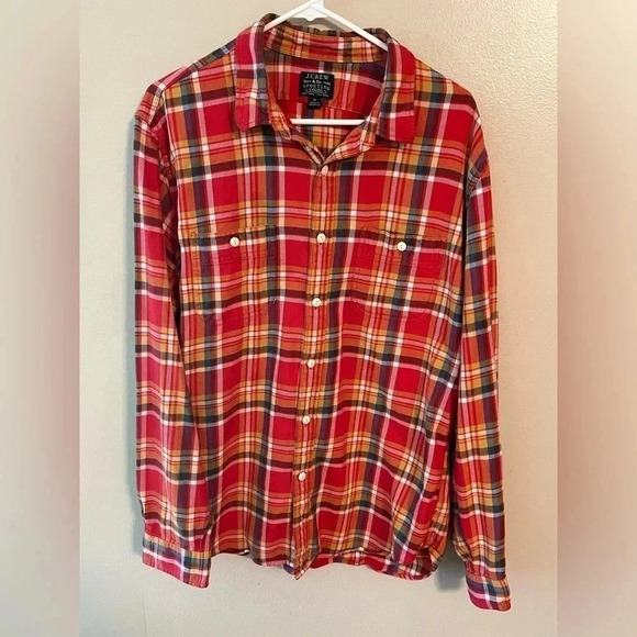 J Crew Flannel Unisex Casual Button Down Shirt Workwear Plaid XL Orange Red Blue - Picture 1 of 7